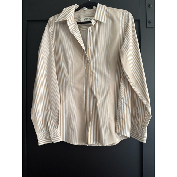 Orvis Tops - SOLD Orvis Wrinkle Free 100% Cotton Beige White Stripe Button Front Shirt Women